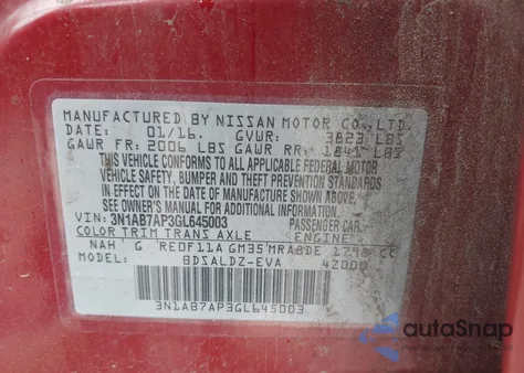 2016 Nissan Sentra S/Sv/Sr/Sl from USA, damaged, VIN 3N1AB7AP3GL645003